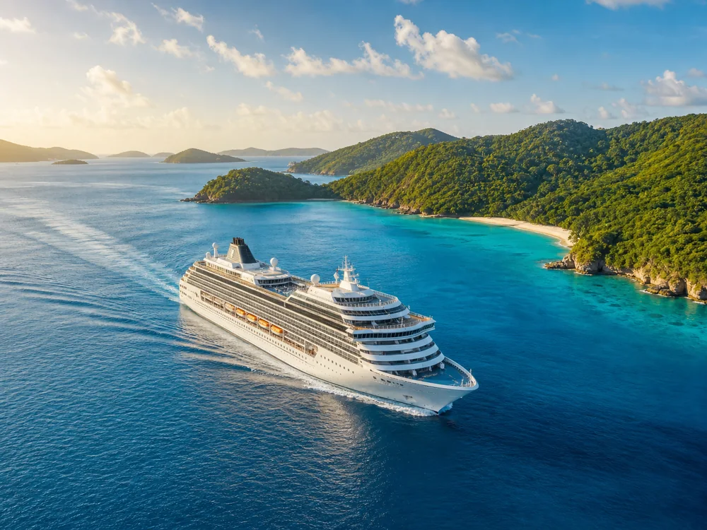 Crucero navegando entre islas tropicales del Caribe