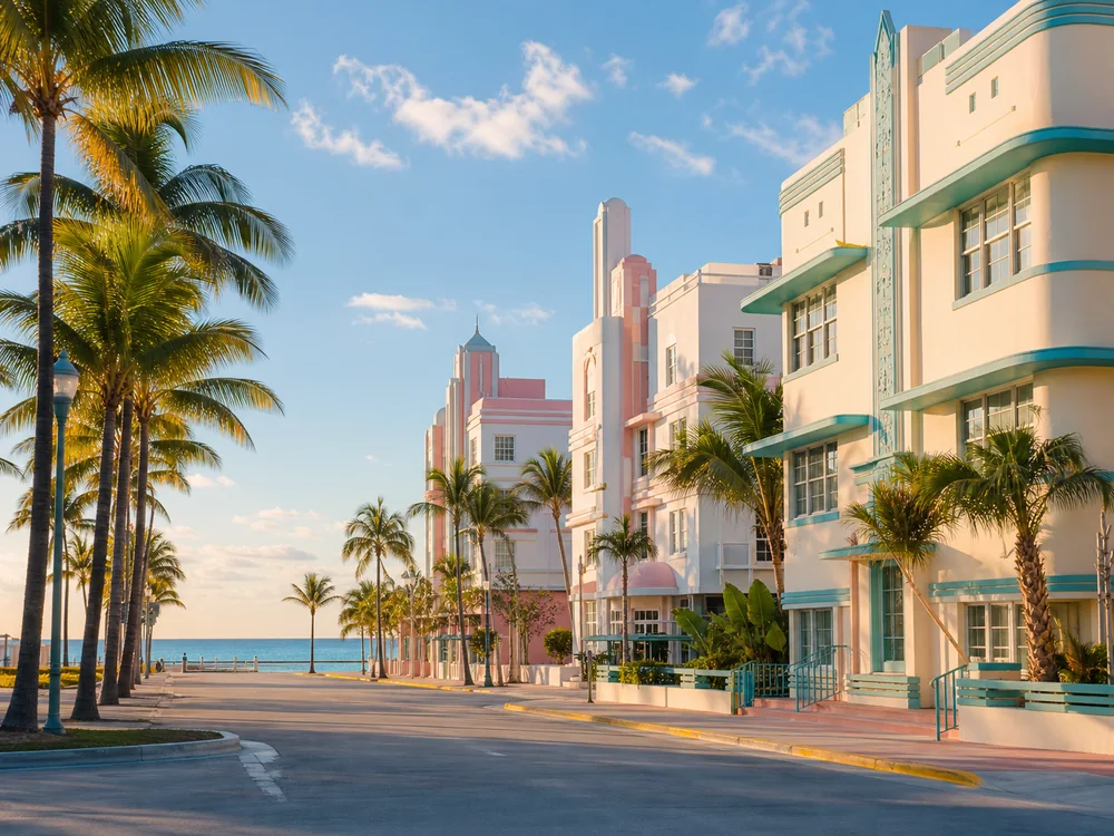 Arquitectura Art Déco y palmeras cerca del mar en Miami